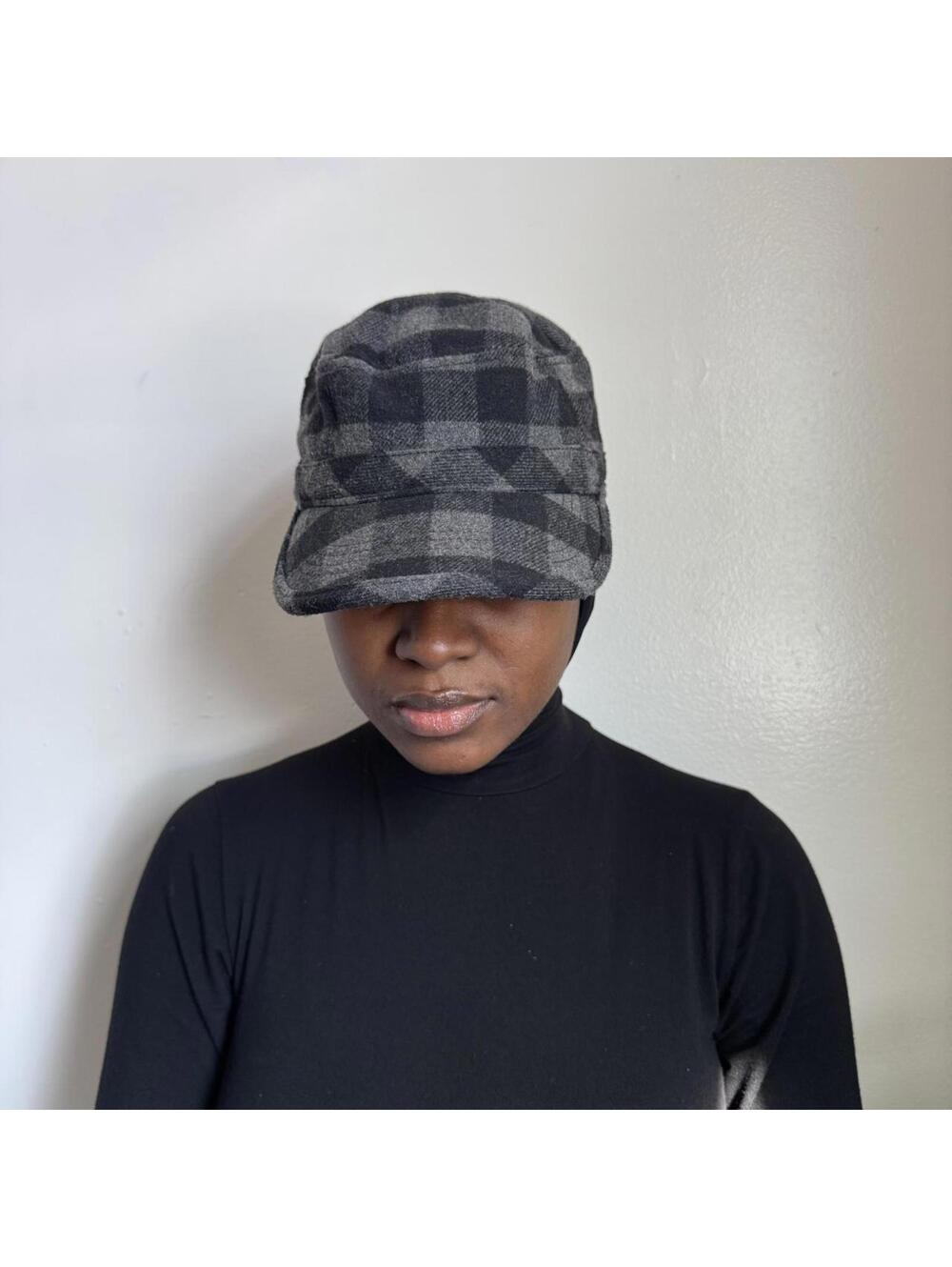 Vintage Y2K Grey Plaid Military Cadet Hat size L/XL